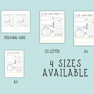May include: Four different sizes of verse mapping templates are displayed: Personal Wide, US Letter, A4, and A5. Each template features a layout with spaces for notes, key words, and verse analysis. The text "4 Sizes Available" is also visible.