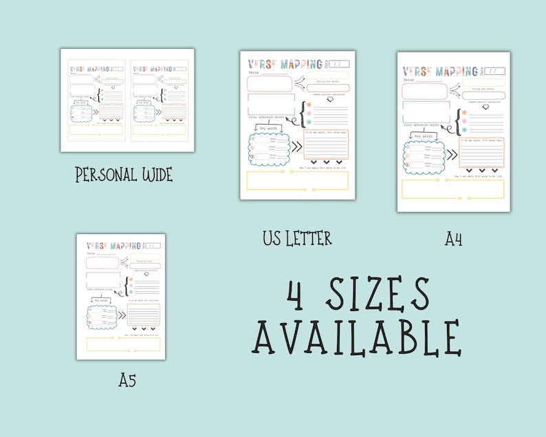 May include: Four different sizes of verse mapping templates are displayed: Personal Wide, US Letter, A4, and A5. Each template features a layout with spaces for notes, key words, and verse analysis. The text "4 Sizes Available" is also visible.