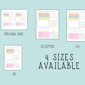 May include: Four different sizes of "My Daily Walk with God" planner pages are displayed against a light blue background. The sizes include Personal Wide, US Letter, A4, and A5. Each page features a layout with sections for notes, gratitude, and daily reflections.