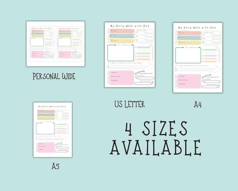 May include: Four different sizes of "My Daily Walk with God" planner pages are displayed against a light blue background. The sizes include Personal Wide, US Letter, A4, and A5. Each page features a layout with sections for notes, gratitude, and daily reflections.
