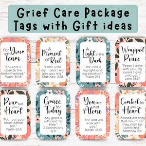May include: A collection of eight floral-themed gift tags with comforting messages and Bible verses, such as "For Your Tears" and "Comfort for Your Heart." The tags are designed for a grief care package.