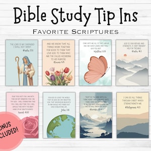 Pode incluir: Um conjunto de cartões de dicas de estudo bíblico com citações e ilustrações inspiradoras. Os cartões apresentam várias escrituras, com imagens de um pastor, flores, uma borboleta e paisagens. As palavras "Bible Study Tip Ins" e "Favorite Scriptures" estão no topo.