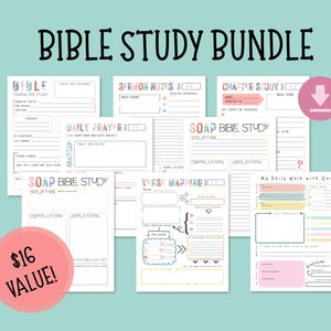 Op de afbeelding: Een verzameling afdrukbare Bijbelstudie-sjablonen met verschillende lay-outs voor karakterstudie, preeknotities, dagelijks gebed en versmapping. De titel "Bible Study Bundle" staat bovenaan. Een roze cirkel met "$16 VALUE!" staat linksonder.