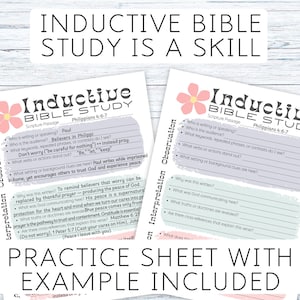 May include: Two white paper sheets for inductive Bible study featuring a pink flower graphic and the text Inductive Bible Study. One sheet is filled with handwritten notes on Philippians 4:6-7, while the other is a blank template.
