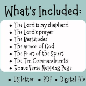 May include: A digital file with a light teal background and black text. The text reads "What's Included:" followed by a list of religious topics, including "The Lord is my shepherd" and "The Lord's prayer." Additional text indicates the file is a US letter, PDF, and digital file.
