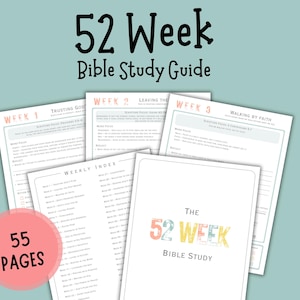 May include: A set of Bible study guides titled "52 Week Bible Study Guide". The guides feature weekly topics, a weekly index, and a cover with the text "The 52 Week Bible Study". A pink circle indicates 55 pages. The background is a light teal colour.
