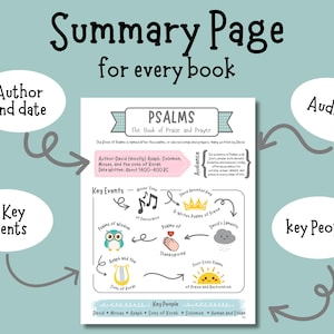 May include: A summary page for the Book of Psalms, featuring key events, author, date, audience, and key people. The page includes illustrations of an owl, a crown, a hand, and a sun, with text in a handwritten style.