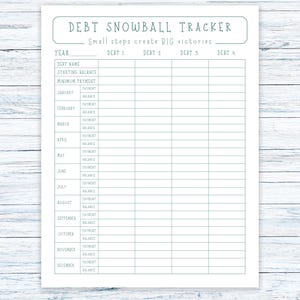 Puede incluir: Un rastreador imprimible de bola de nieve de deuda en papel blanco con una cuadrícula azul claro. El título es "DEBT SNOWBALL TRACKER", con el subtítulo "Small steps create BIG victories". El rastreador incluye secciones para nombres de deudas, saldos y pagos.