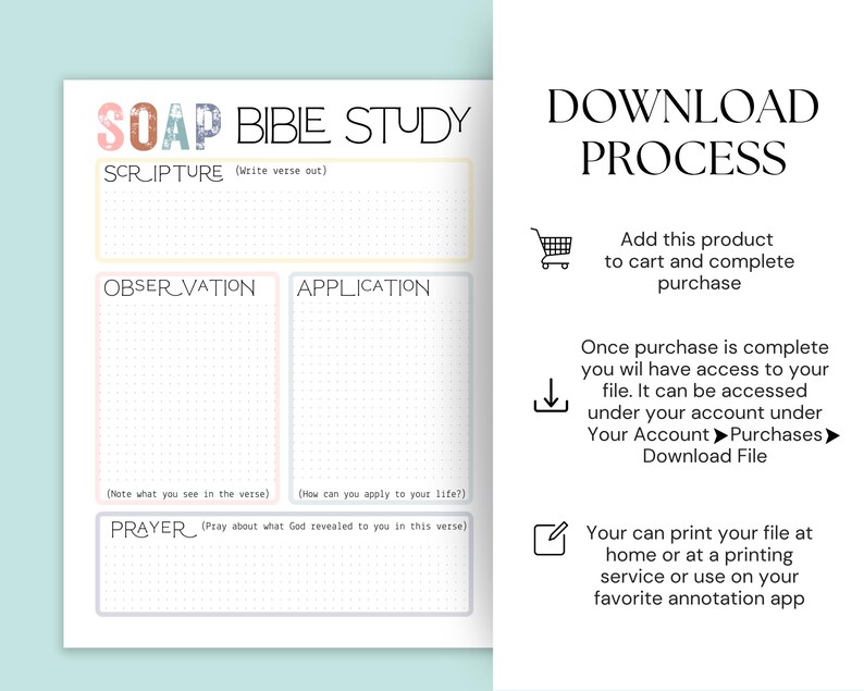 Pu&ograve; includere: Un modello stampabile di studio biblico SOAP con caselle colorate pastello per la scrittura, l'osservazione, l'applicazione e la preghiera. Il testo "SOAP BIBLE STUDY" &egrave; in alto. Istruzioni per il download e la stampa a destra.