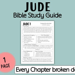 May include: A Bible study guide for "JUDE" with the title "Bible Study Guide". The guide includes a summary, symbolism, word study, cross-references, and a memory verse. A pink circle with "1 PAGE" is in the lower left corner.