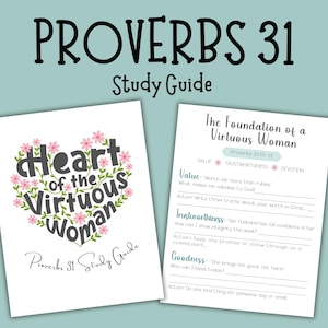 Puede incluir: Dos guías de estudio con el texto "PROVERBIOS 31 Guía de estudio". Una guía presenta un diseño en forma de corazón con las palabras "Heart of the Virtuous Woman". La otra guía se titula "The Foundation of a Virtuous Woman."