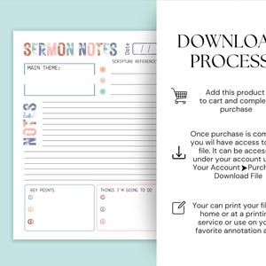 May include: A printable sermon notes template with the words "SERMON NOTES" in colorful letters. The template includes sections for the main theme, scripture reference, key points, and things to do. The download process is also described.