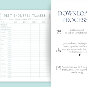 May include: A printable debt snowball tracker with a light blue header that reads "DEBT SNOWBALL TRACKER" and "Small steps create BIG victories". The tracker includes sections for debt names, starting balances, and minimum payments. Instructions for downloading are also included.