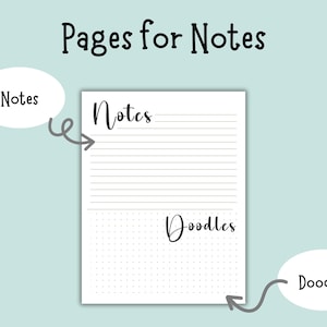 Puede incluir: Un bloc de notas blanco con las palabras "Pages for Notes" en la parte superior. El bloc de notas est&aacute; dividido en dos secciones: "Notes" con papel rayado y "Doodles" con papel punteado. El fondo es de color azul claro.