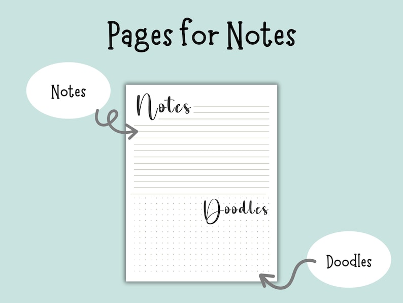 Puede incluir: Un bloc de notas blanco con las palabras "Pages for Notes" en la parte superior. El bloc de notas est&aacute; dividido en dos secciones: "Notes" con papel rayado y "Doodles" con papel punteado. El fondo es de color azul claro.