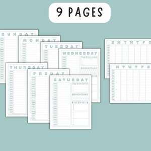 May include: A collection of nine white planner pages with a light teal border and text. The pages are arranged on a light teal background. The text "9 PAGES" is at the top. The pages are for daily and weekly planning.