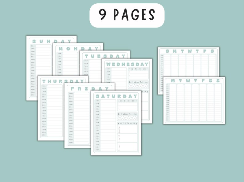 May include: A collection of nine white planner pages with a light teal border and text. The pages are arranged on a light teal background. The text "9 PAGES" is at the top. The pages are for daily and weekly planning.