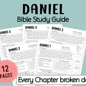 May include: A Bible study guide titled "DANIEL" with the subtitle "Bible Study Guide." The guide features 12 pages with summaries, symbolism, and word studies for each chapter. The text is in black font on a white background.