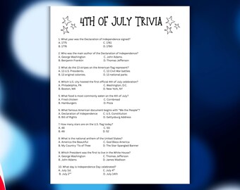 4th of July multiple choice trivia game; Independence Day Trivia Game - Printable 4th of July Party Game, summer party game