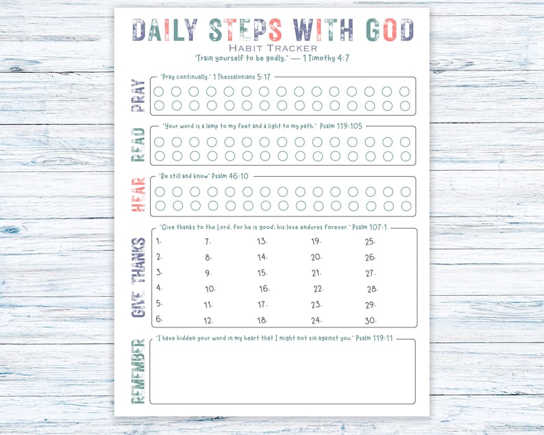 Może przedstawiać: Drukowany tracker nawyk&oacute;w zatytułowany "Daily Steps With God" z sekcjami do modlitwy, czytania, słuchania, dziękowania i pamiętania. Tracker zawiera k&oacute;łka do codziennego śledzenia i wersety biblijne.