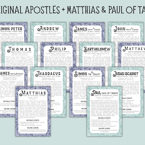 May include: A collection of 14 cards, each displaying the names of the 12 original apostles, Matthias, and Paul of Tarsus. The cards feature text and decorative borders in shades of blue, green, and purple. The text is in English.