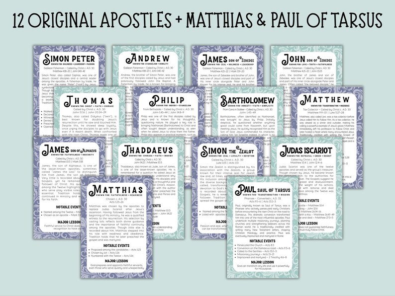 May include: A collection of 14 cards, each displaying the names of the 12 original apostles, Matthias, and Paul of Tarsus. The cards feature text and decorative borders in shades of blue, green, and purple. The text is in English.