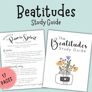 以下が含まれることがあります： 「Beatitudes」というタイトルのスタディガイドで、「Blessed are the Poor in Spirit」と「The Beatitudes Study Guide」というテキストがあります。ガイドには花のイラストが描かれており、17ページです。