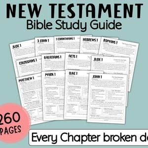 May include: A Bible study guide with the title "NEW TESTAMENT Bible Study Guide" in black text. The guide includes pages with chapter summaries and the text "Every Chapter broken down". A pink circle displays "260 PAGES".