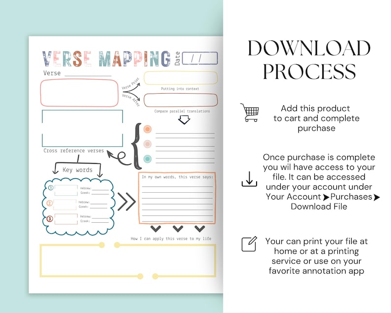 May include: A printable verse mapping worksheet with the title "VERSE MAPPING" at the top. The worksheet includes sections for verse, cross-reference verses, key words, and putting into context. The right side has the text "DOWNLOAD PROCESS".