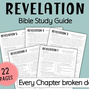May include: A stack of printed study guides titled "Revelation Bible Study Guide" with the text "Every Chapter broken down." The guides are white with black text, and a pink circle indicates "22 pages."
