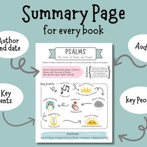 May include: A summary page for the Book of Psalms, featuring key events, author, date, audience, and key people. The page includes illustrations of an owl, a crown, a hand, and a sun. Text includes "Summary Page for every book" and "PSALMS".