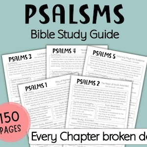 Könnte beinhalten: Ein Bibelstudienführer mit dem Titel "PSALMS" mit dem Text "Bible Study Guide" über den Seiten. Der Führer enthält Zusammenfassungen, Symbolik und Bilder für jedes Kapitel. Ein rosa Kreis zeigt "150 PAGES" und den Text "Every Chapter broken down".