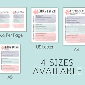 May include: A collection of printable Bible study worksheets in four sizes: US Letter, A4, A5, and two per page. Each worksheet features a floral design and prompts for observation, interpretation, and application of scripture.