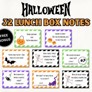 May include: A set of 32 Halloween lunch box notes, each with a pun and a related illustration. The notes feature images of pumpkins, bats, skeletons, and candy corn. The text includes phrases like "Gourd job being you!" and "You're fang-tastic!"