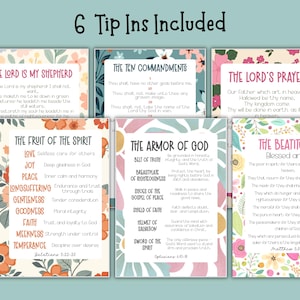 May include: Six floral-framed cards with religious text, including "The Lord's Prayer" and "The Ten Commandments." The cards feature colorful floral borders and text in a handwritten style. The phrase "6 Tip Ins Included" is at the top.
