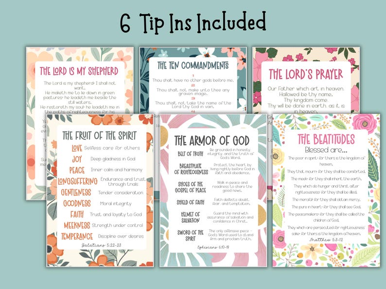 May include: Six floral-framed cards with religious text, including "The Lord's Prayer" and "The Ten Commandments." The cards feature colorful floral borders and text in a handwritten style. The phrase "6 Tip Ins Included" is at the top.
