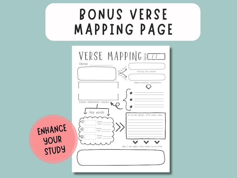 May include: A black and white verse mapping page with the text "BONUS VERSE MAPPING PAGE" at the top. The page includes sections for verse, context, and application. A pink circle with the text "ENHANCE YOUR STUDY" is in the lower left.
