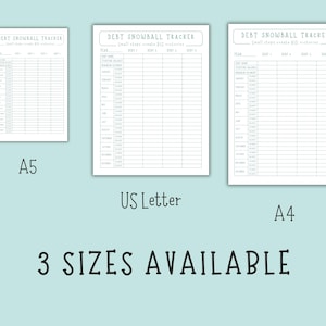 May include: Three white printable debt snowball tracker sheets in A5, US Letter, and A4 sizes. Each sheet has a header that reads "DEBT SNOWBALL TRACKER" and "Small steps create BIG victories". The text "3 SIZES AVAILABLE" is below the sheets.
