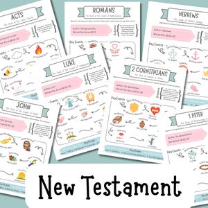 May include: A collection of illustrated New Testament Bible study guides. Each guide features key events, author information, and audience details. The guides are in a variety of colors and include the text "New Testament".