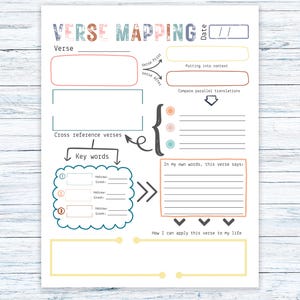 May include: A printable "Verse Mapping" worksheet with a colorful design. The worksheet includes sections for verse, cross-references, key words, and personal reflection. The title "VERSE MAPPING" is at the top.