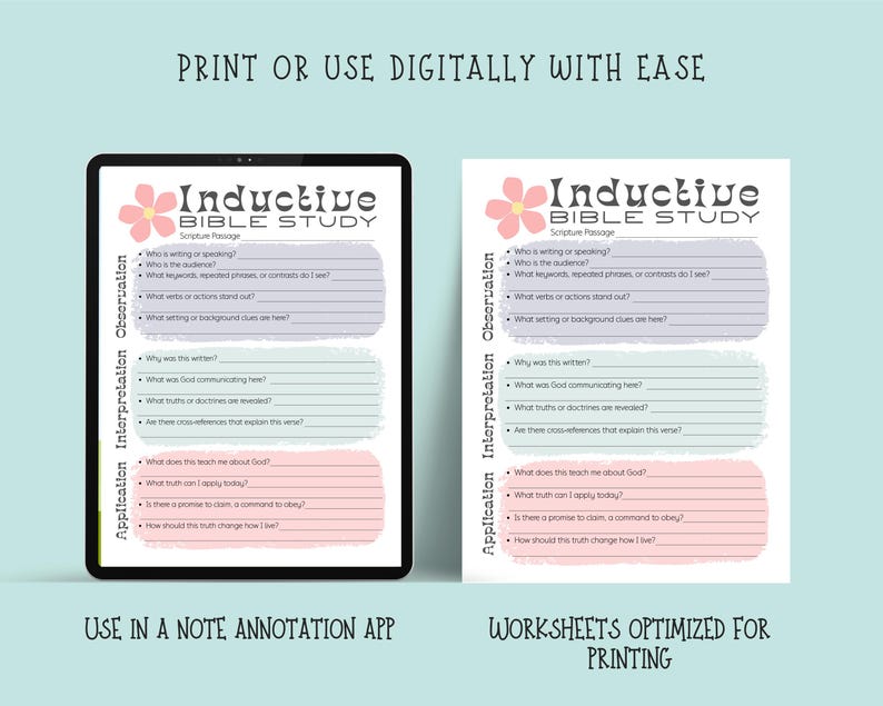 May include: An Inductive Bible Study worksheet featuring a pink flower icon, sections for Observation, Interpretation, and Application with guided questions, and colored text blocks in purple, green, and pink on a white background.