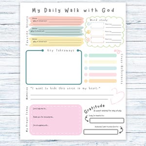 May include: A printable daily devotional journal with the title "My Daily Walk with God." The journal features sections for favorite verses, word study, key takeaways, and gratitude. Pastel colors and a heart graphic are included.