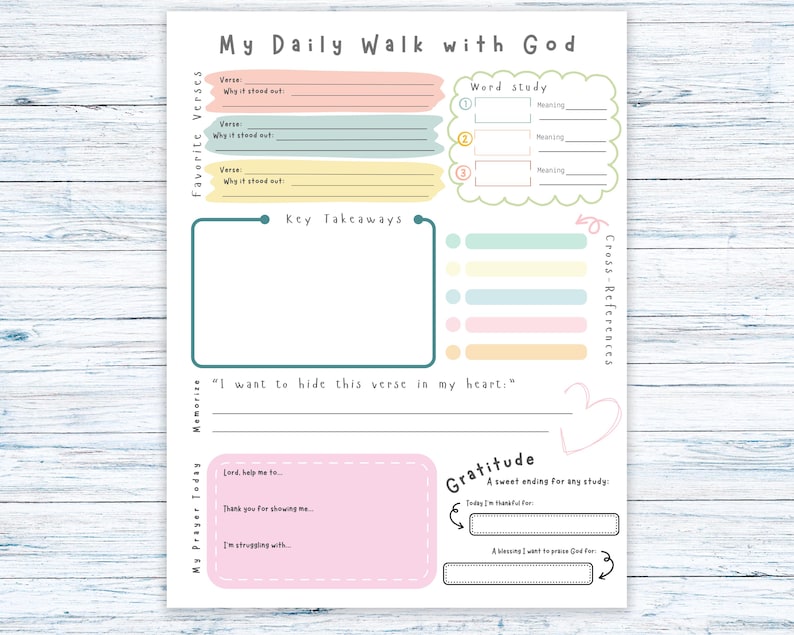 May include: A printable daily devotional journal with the title "My Daily Walk with God." The journal features sections for favorite verses, word study, key takeaways, and gratitude. Pastel colors and a heart graphic are included.