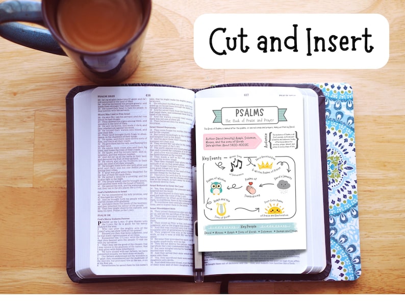 May include: An open Bible with a colorful insert titled "PSALMS The Book of Praise and Prayer." A mug of coffee sits to the left. The words "Cut and Insert" are in a white rectangle.