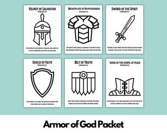 Paquete de actividades sobre la armadura de Dios; manualidad para la escuela dominical: armadura de Dios (Efesios); búsqueda de palabras bíblicas y páginas para colorear; lección sobre la armadura de Dios