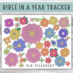 Op de afbeelding: Een kleurrijke Bijbel in een jaar tracker met een bloemenontwerp. De tracker toont verschillende bloemen in roze, paarse, oranje, gele en blauwe tinten, met de tekst "Bible in a Year Tracker" bovenaan en "Old Testament" onderaan.