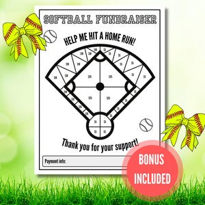 Puede incluir: Una hoja de recaudación de fondos de softbol con un diagrama de campo de béisbol, con texto que dice "SOFTBALL FUNDRAISER" y "HELP ME HIT A HOME RUN!" con una bonificación incluida. También se incluyen lazos amarillos y pelotas de béisbol.