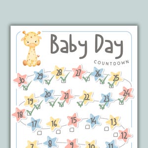 Può includere: Un grafico del conto alla rovescia per il giorno del bambino con un'illustrazione di giraffa. Il grafico presenta una serie di caselle a forma di stella colorate numerate da 1 a 30, con segni di spunta accanto ad alcuni numeri. Le parole "Baby Day Countdown" sono in alto.