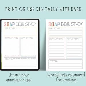 Pu&ograve; includere: Un foglio di lavoro digitale SOAP Bible Study visualizzato su un tablet e una versione stampata. I fogli di lavoro hanno sezioni per Scrittura, Osservazione, Applicazione e Preghiera. Il testo sull'immagine recita "Stampa o usa digitalmente con facilit&agrave;."