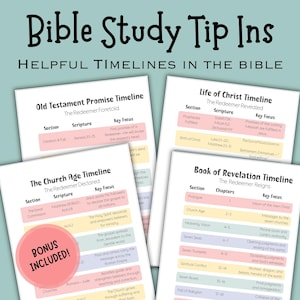 Pode incluir: Um fundo verde-azulado com o texto "Bible Study Tip Ins" e "Helpful Timelines in the Bible". São exibidas quatro páginas brancas com cronogramas sobre o Antigo Testamento, a Vida de Cristo, a Era da Igreja e o Apocalipse.